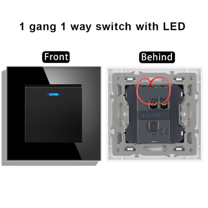 novski Crystal Tempered Glass Panel 1 Gang 1way, 1 Gang 2way, 2 Gang 1way, 2 Gang 2way, Wall Switch with LED Indicator 16A 250V