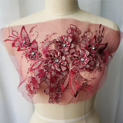 Grey Blue Red 3D Flower Leaf Lace Fabric Sequin Rhinestone Embroidered Gown Appliques Collar Mesh Sew Patch For Wedding Decor