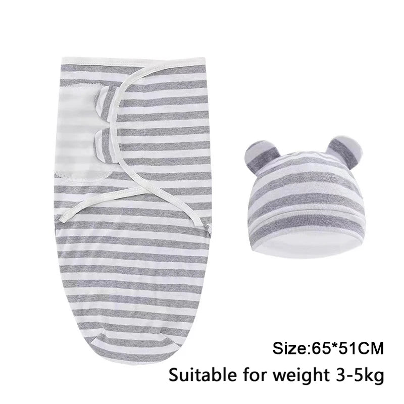 Baby Blanket Hat Set, Cartoon Printed Cotton Newborn Swaddle, Adjustable Infant Sleeping Swaddle Wraps, All Seasons, 0-6 Months