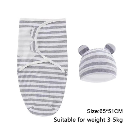 Baby Blanket Hat Set, Cartoon Printed Cotton Newborn Swaddle, Adjustable Infant Sleeping Swaddle Wraps, All Seasons, 0-6 Months