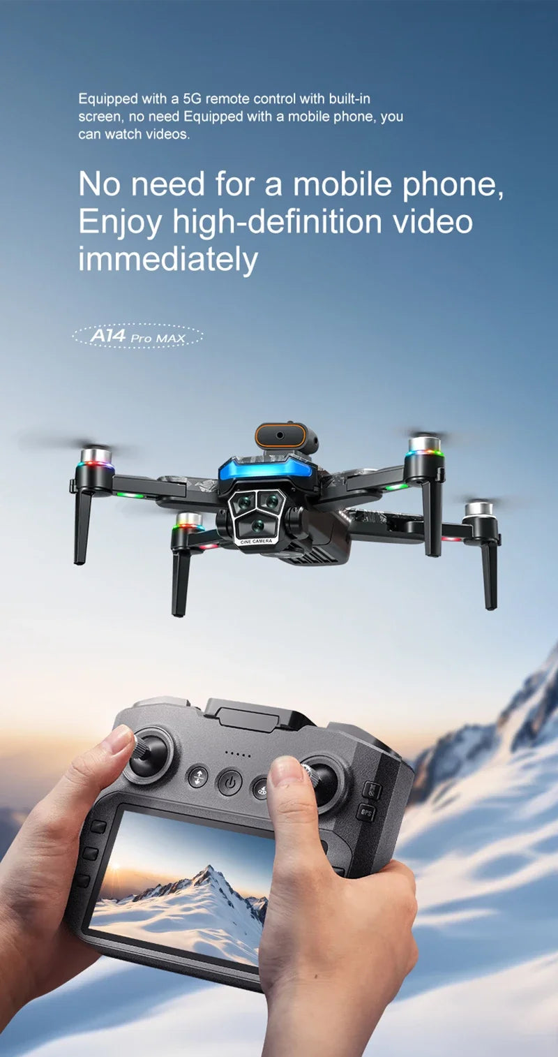 Drone A14Pro Max 8K HD Three Camera Brushless Optical Flow Obstacle Avoidance Foldable Quadcopter UAV 4.5-inch Large Screen Toys