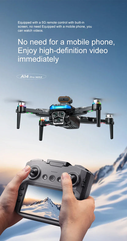Drone A14Pro Max 8K HD Three Camera Brushless Optical Flow Obstacle Avoidance Foldable Quadcopter UAV 4.5-inch Large Screen Toys
