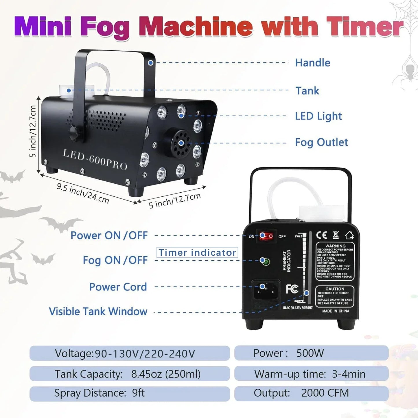 New LED Timer Disco Smoke Machine 500W Remote DJ Halloween Smoke Spraying Equipment Christmas Wedding Party Stage Fog Machine