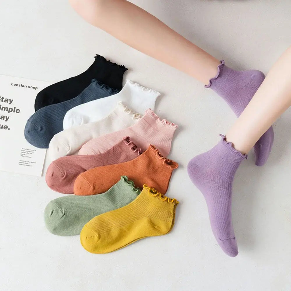 Cotton Women's Socks Frilly Ruffle Socks Spring Summer Casual Ankle Short Boat Socks Loose Knit Solid Color Mid-Calf Socks