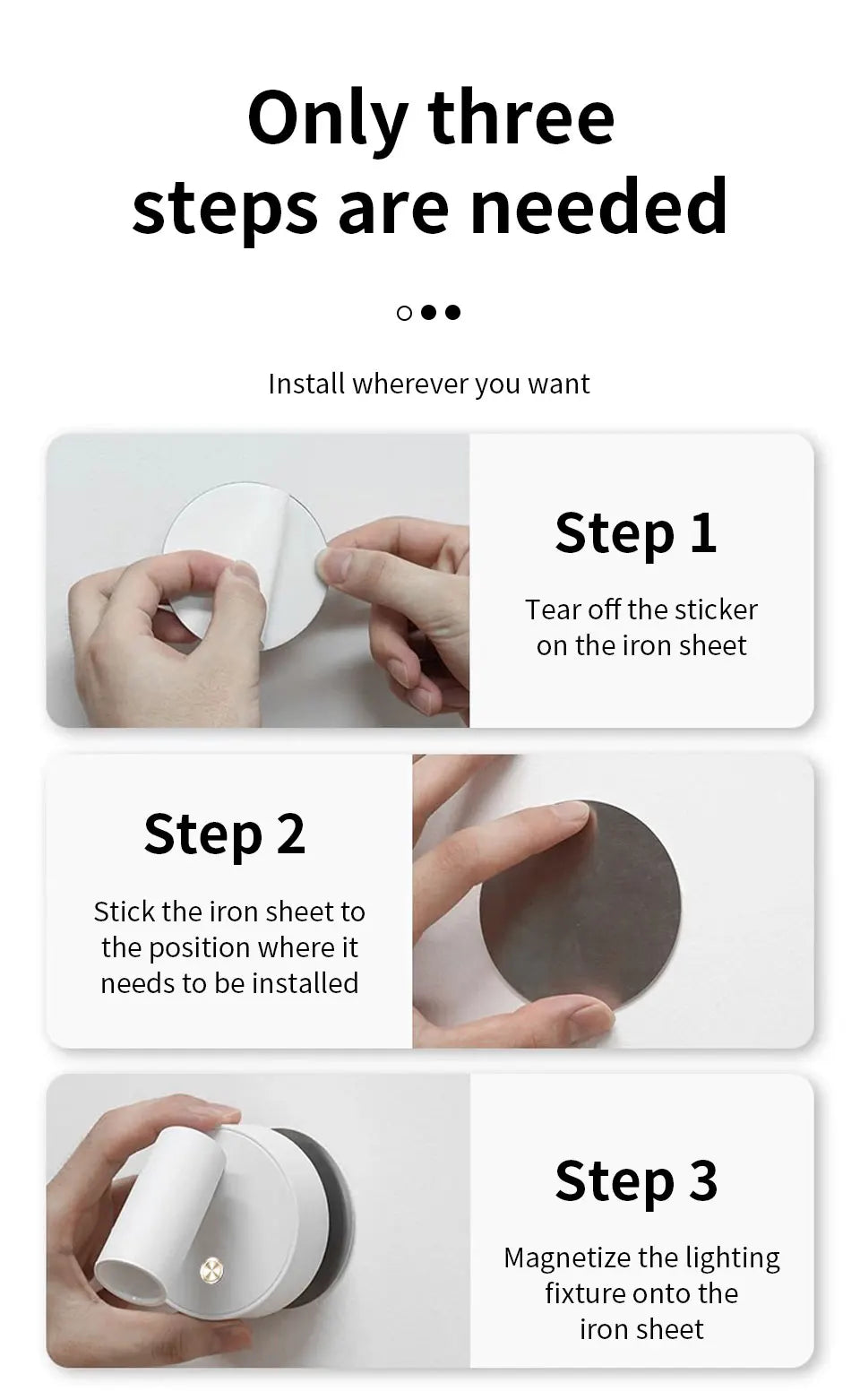 Magnetic Base USB Rechargeable LED Cordless Wall Light Touch, Switch Black White Gold Silvery Dimmable Bedside Lamp For Reading, LED Light