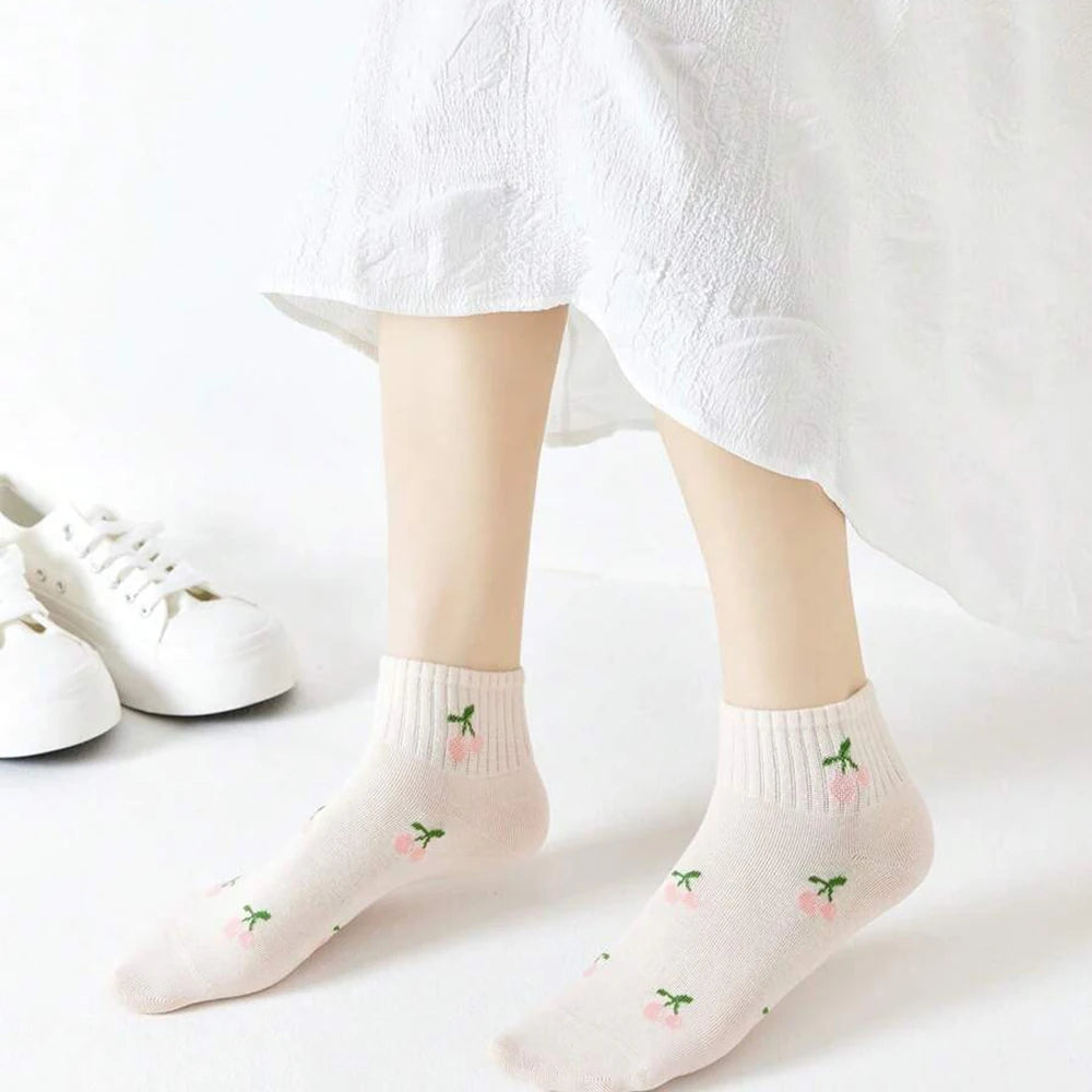5/10 Pairs Women Striped Ankle Socks Trendy Versatile Pink Fruit Pattern Cartoon Short Socks Comfortable Breathable Casual Socks