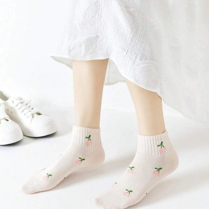 5/10 Pairs Women Striped Ankle Socks Trendy Versatile Pink Fruit Pattern Cartoon Short Socks Comfortable Breathable Casual Socks