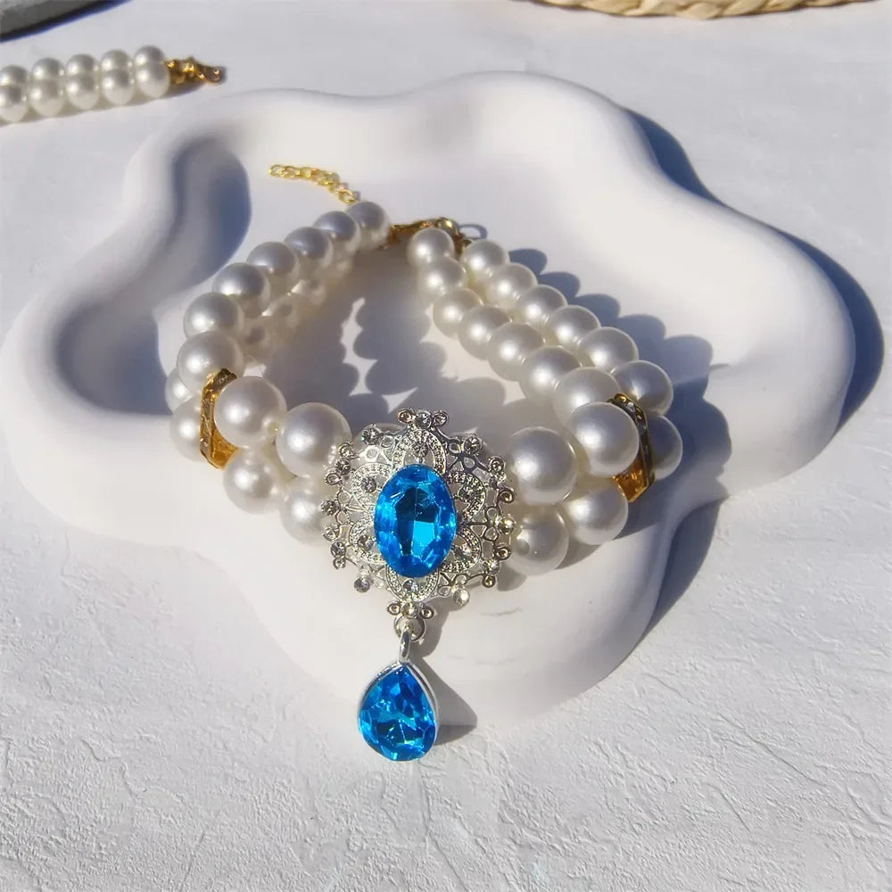 1 collar de perlas de doble capa de lujo para mascotas con colgante de diamante, disfraz de boda, perro, gato, accesorios de joyería de cristal, suministros para mascotas