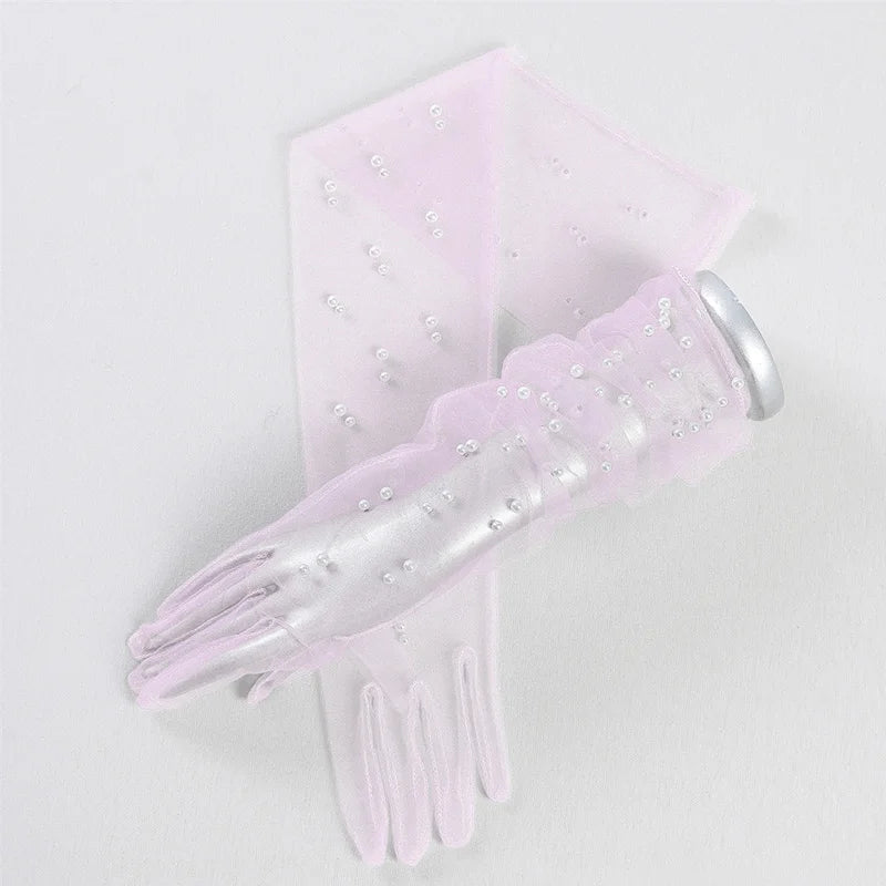 55 cm Transparent Wedding Gloves Pearls Long Elbow Mittens Mesh Arm Covers Women Party Bridal Dress Accessories Photo Props