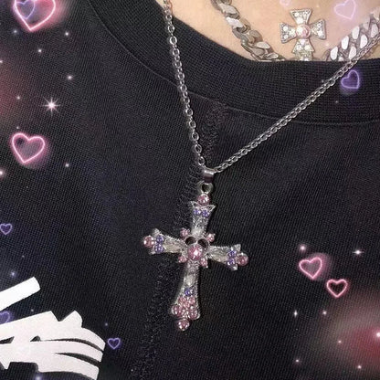 Y2K Punk Crystal Big Cross Pendant Necklaces for Women Men, Gothic Irregular Cross Clavicle Chain Necklaces, Aesthetic Jewelry