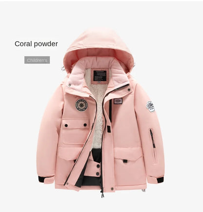 Winter children's skiing suit for boys and girls, windproof and waterproof thick coat for warmth and snow playing equipment