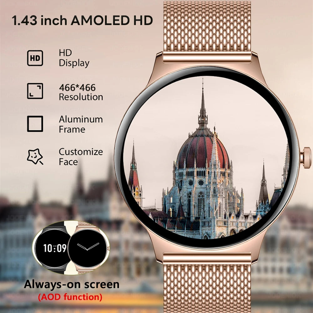 Ultra-Thin Fashion Women's Smart Watch 1.43 inch AMOLED HD Screen Sports Bracelet Clock Always Show Time Bluetooth Call Smartwatch