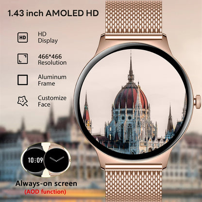 Ultra-Thin Fashion Women's Smart Watch 1.43 inch AMOLED HD Screen Sports Bracelet Clock Always Show Time Bluetooth Call Smartwatch