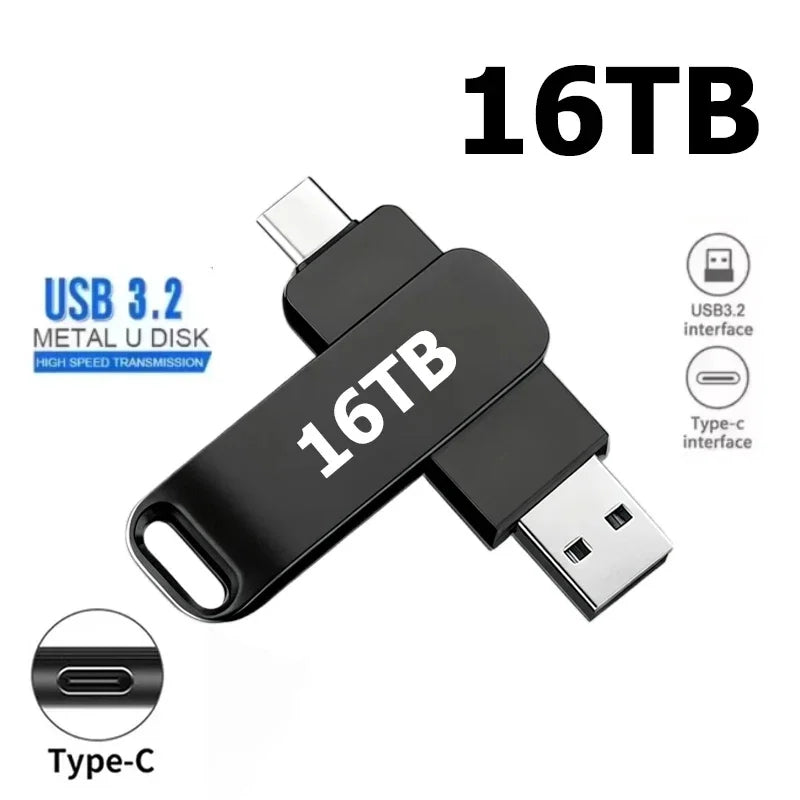 64TB USB 3.2 Flash Drive High Speed 2TB USB Transfer Type-C 2-In-1 16TB OTG Pendrive Waterproof Flash Disk For Computer Storage