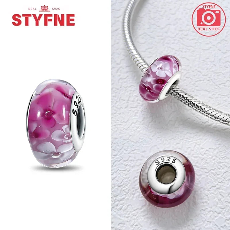 925 Sterling Silver Pink Color Series Beads Heart Flower Murano Glass DIY Jewelry Charms Fit Original Bracelet for Women Fine Gifts