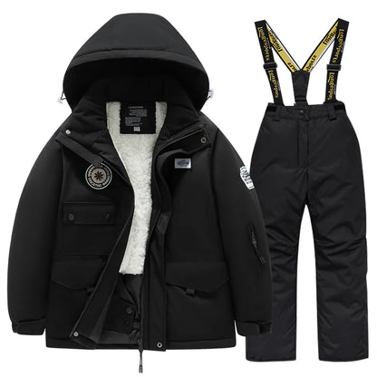 Winter children's skiing suit for boys and girls, windproof and waterproof thick coat for warmth and snow playing equipment