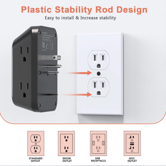 US Plug Power Strip Multitap 6 AC Outlets 2 USB 2 Type C Port Charge Electrical Socket Network Filter Fast Charging Home Office