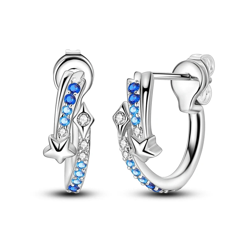 925 Sterling Silver Moon Universe Starry Sky Series Charm Earrings Women Blue Shiny Zircon Daily Wear Jewelry