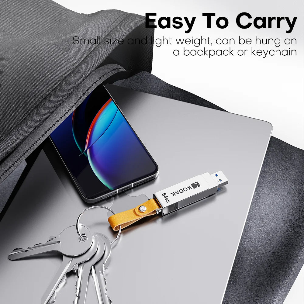 Kodak K133 USB 3.1 Flash Drive 64GB 128GB 256GB 512GB Read Speed 120MB/s Metal Body Leather Band USB3.1 Pen Drive for PC & HD-TV