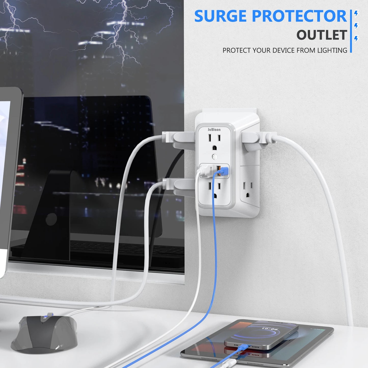 US Multi Socket, Wall Socket with 6 AC Outlets, 4 USB Port(2 Type C), Universal Plug, Power Strip, Network Filter, Fast Charging