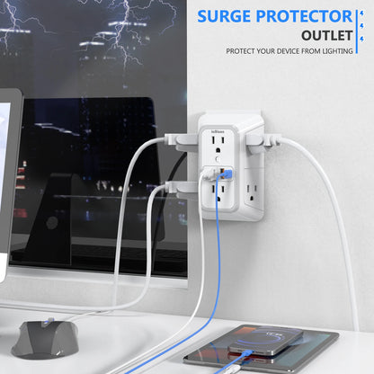 US Multi Socket, Wall Socket with 6 AC Outlets, 4 USB Port(2 Type C), Universal Plug, Power Strip, Network Filter, Fast Charging