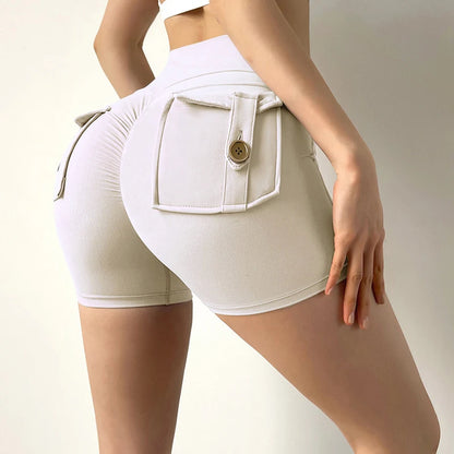 Summer Peach Butt Fitness Exercise Shorts, Three-Quarter Pants, Cargo Air Dry Pocket Yoga Tight Pants, Lift the hips Women's Shorts