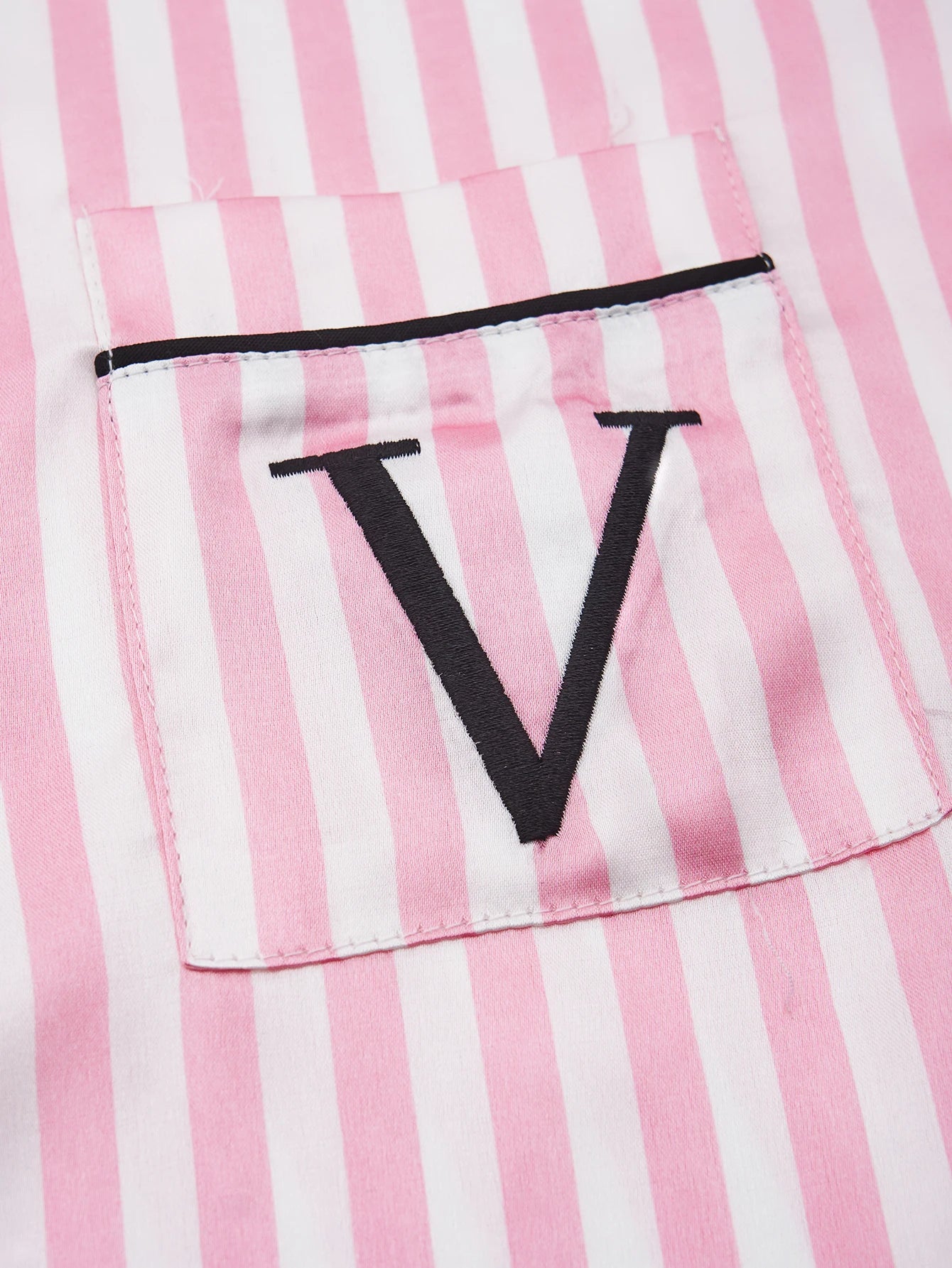 Classic Striped Print And Pocket Letter Short-Sleeve Long Pants Pajama Set, Satin Sleepwear with Lapel Collar and Button Detail