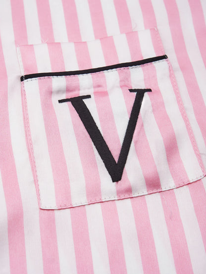 Classic Striped Print And Pocket Letter Short-Sleeve Long Pants Pajama Set, Satin Sleepwear with Lapel Collar and Button Detail