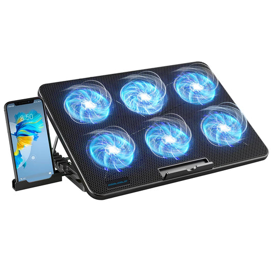 Coolcold 15.6-17.3-inch Laptop Cooling Pad with 6 Quiet Fans, 7-Level Height and Wind Speed Adjustable, Laptop Cooler with Mobile Phone Holder