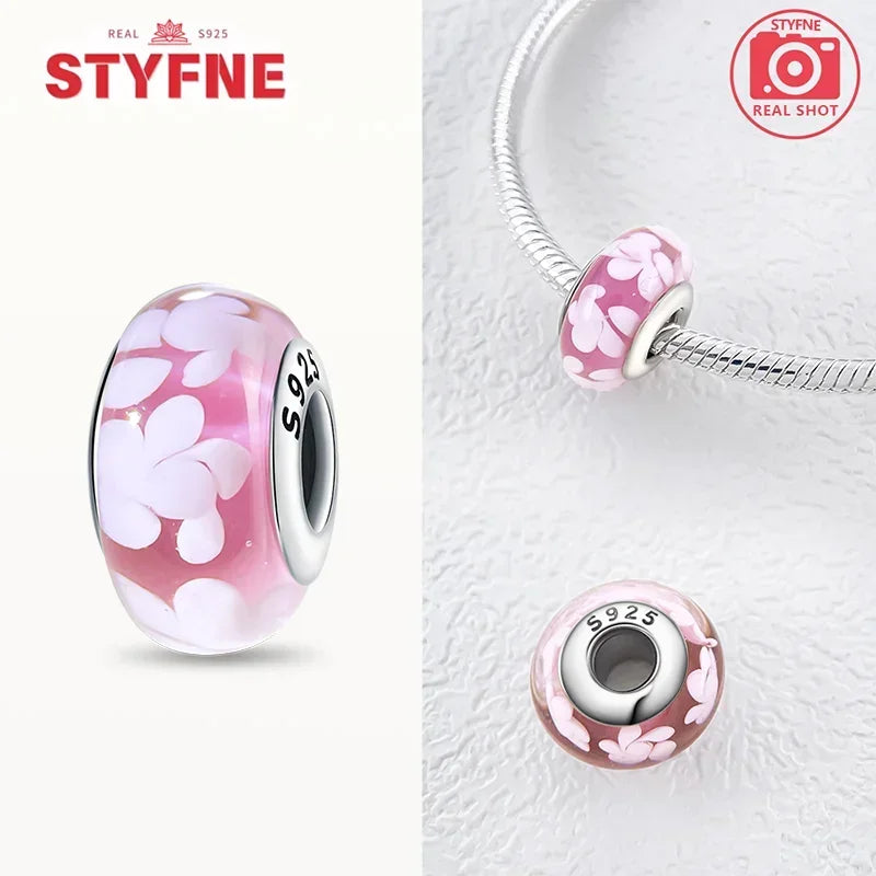 925 Sterling Silver Pink Color Series Beads Heart Flower Murano Glass DIY Jewelry Charms Fit Original Bracelet for Women Fine Gifts