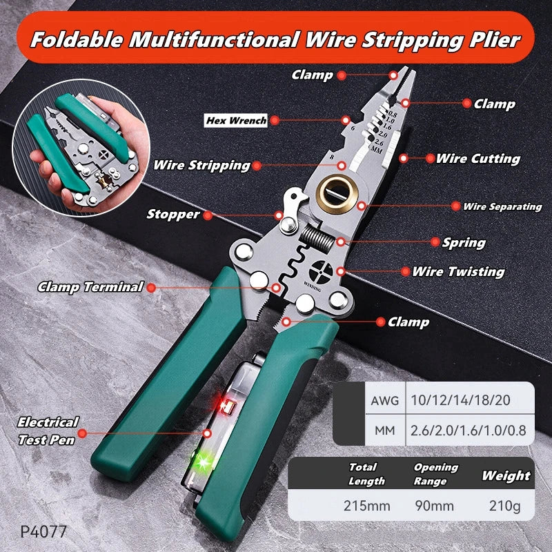 Multifunctional Wire Stripper with Electrical Test Pen, Foldable Cable Cutter, Crimper Tool, Electrical Folding Pliers for Cutting