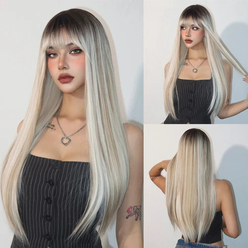 White Long Straight Synthetic Wigs for Women, Colorful Cosplay Party Fake Hair with Bangs, White Wig, HighTemperature Fiber, HENRY MARGU