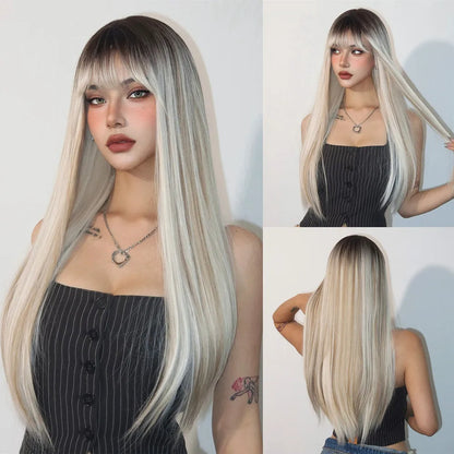 White Long Straight Synthetic Wigs for Women, Colorful Cosplay Party Fake Hair with Bangs, White Wig, HighTemperature Fiber, HENRY MARGU
