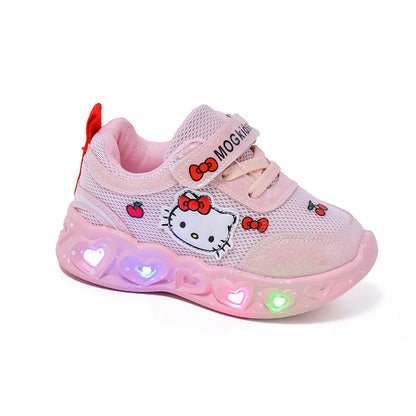 Hello Kitty Kids'Casual Shoes  Led Light Cartoon PU Leather Fashion Sport Flat Bottom Shoes Breathable White Pink Size 21-30