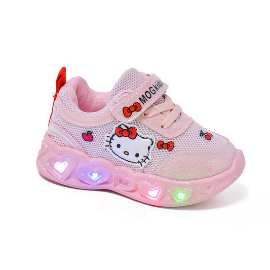 Hello Kitty Kids' Casual Shoes, LED Light Cartoon PU Leather Fashion Sport Flat-Bottom Shoes, Breathable, White/Pink, Sizes 21-30