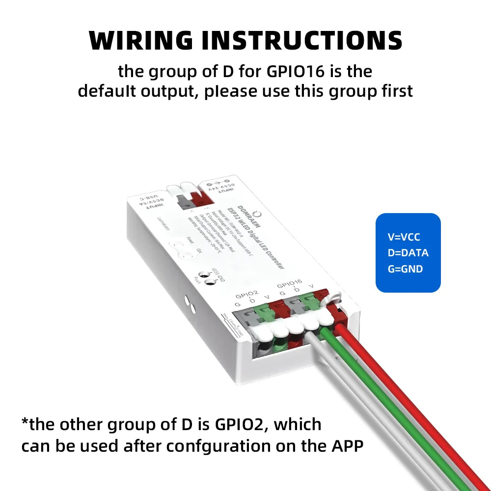 DOMRAEM ESP32 USB-C WLED Digital LED controller RGB IC DIY APP 16A fuse Works with HA/MQTT/Alex WS2811/12/12B/14/05 Sk6812 Strip
