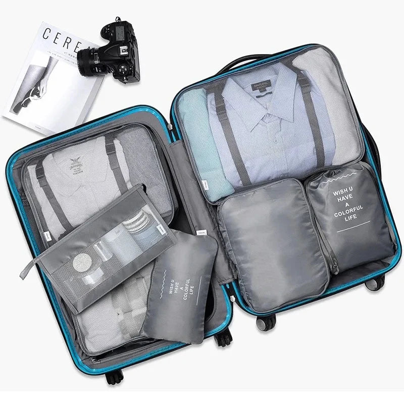 7Pcs, Travel Organizer, Storage Bags, Wardrobe Cube Suitcase Packing Cubes Set Storages, Luggage Clothes Shoe Pouch Folding
