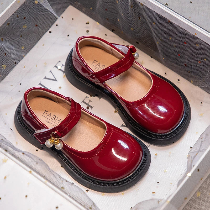 Girls' Chic Leather Princess Mary Janes with Pearl Pendant for Wedding Party, Back to School, Dress Flats (Sizes 26-36)