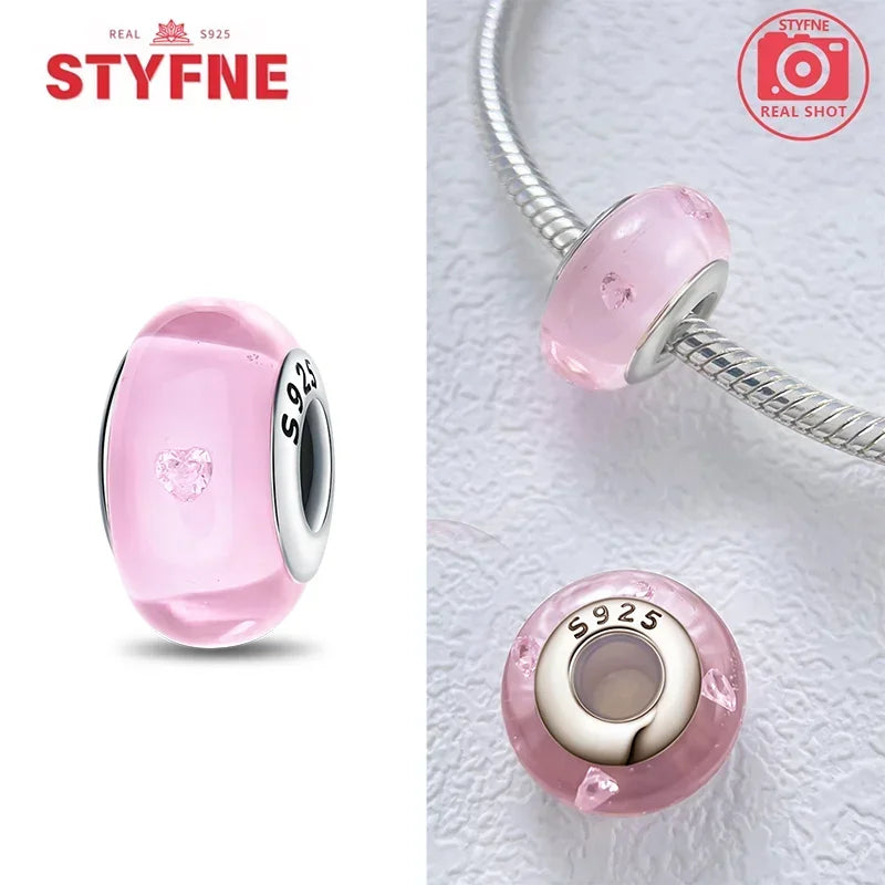 925 Sterling Silver Pink Color Series Beads Heart Flower Murano Glass DIY Jewelry Charms Fit Original Bracelet for Women Fine Gifts