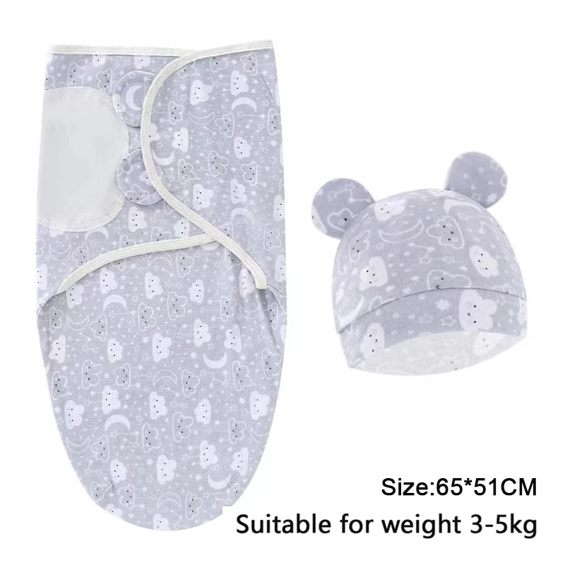 Baby Blanket Hat Set, Cartoon Printed Cotton Newborn Swaddle, Adjustable Infant Sleeping Swaddle Wraps, All Seasons, 0-6 Months
