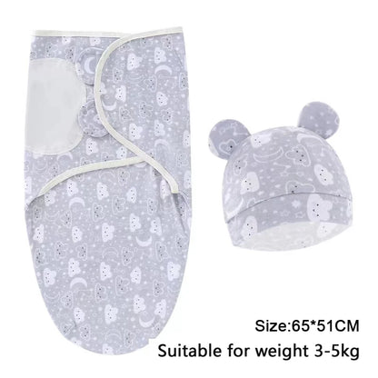 Baby Blanket Hat Set, Cartoon Printed Cotton Newborn Swaddle, Adjustable Infant Sleeping Swaddle Wraps, All Seasons, 0-6 Months