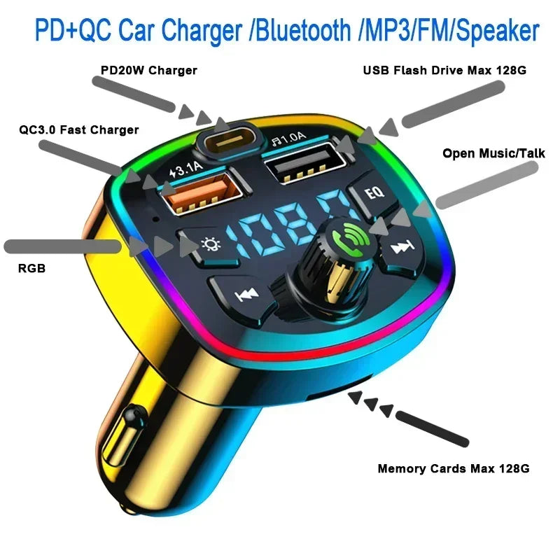 3.1A USB PD Fast Charging Car Charger FM Transmitter Bluetooth 5.0 Audio Receiver MP3 Music Player TF Card Quick Charge Adapter