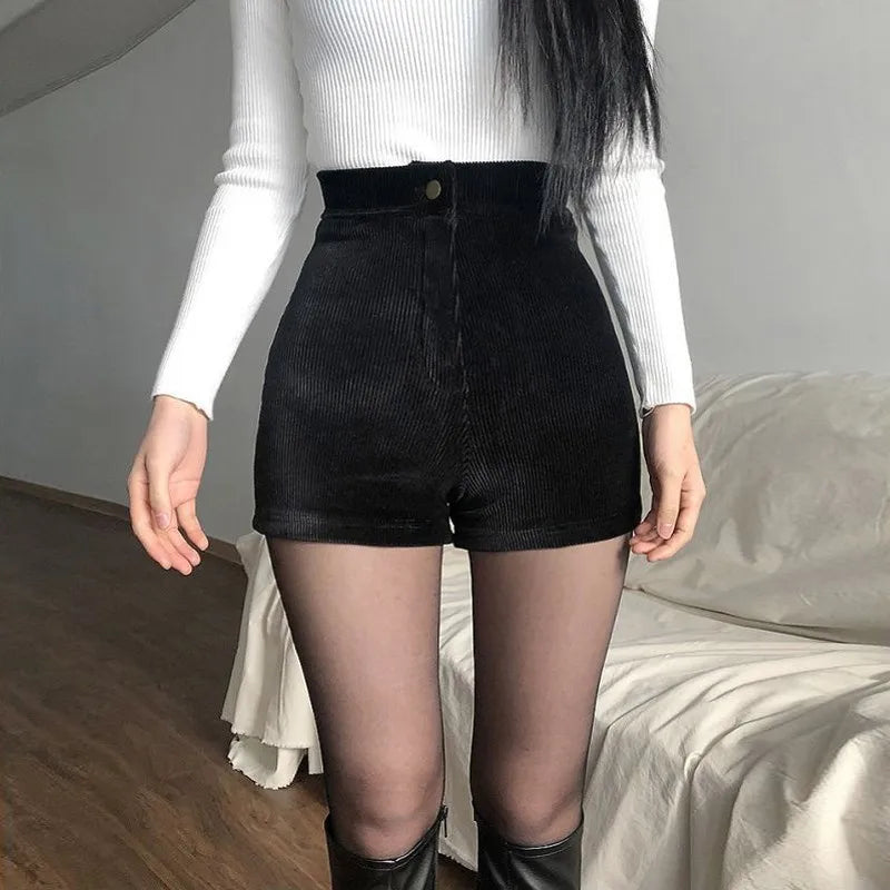 Women's Black Goth Pants Shorts, High Waist Spring Autumn Fashion, Tight Sexy Stretch Y2K Corduroy Female Casual Pants