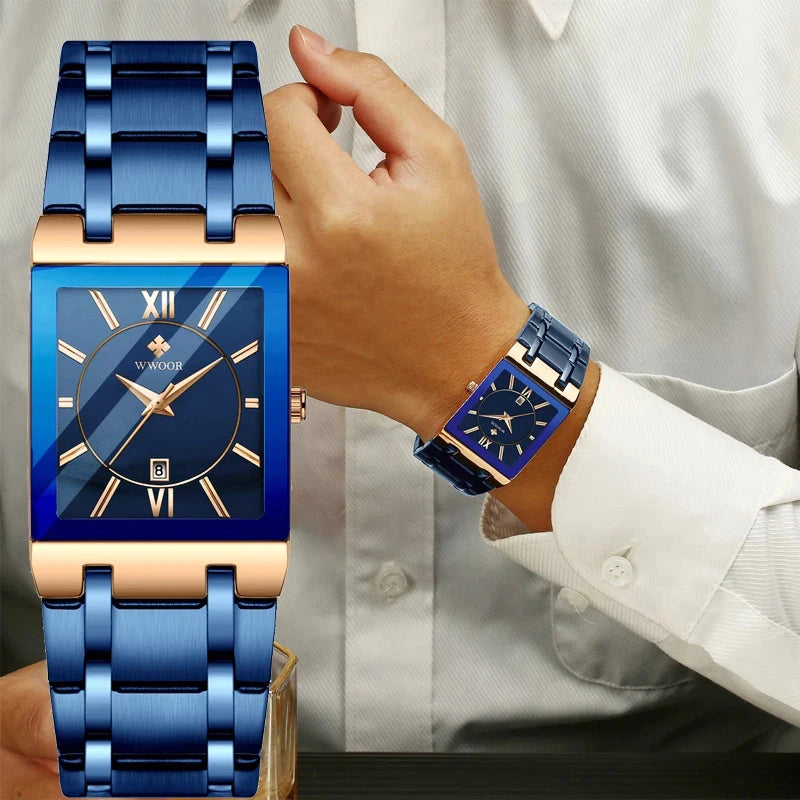 New Fashion Watches For Men, WWOOR Luxury Square Blue Men's Wristwatch, Stainless Steel Waterproof Quartz Clock, Male, Relogio Masculino