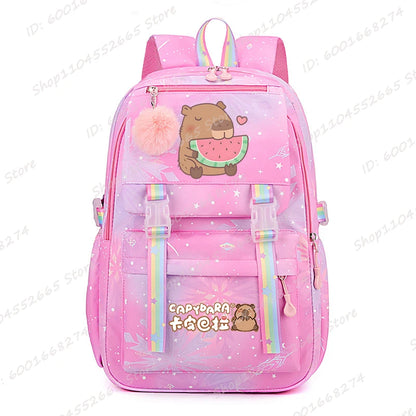 Capybara & Watermelon Graphic Print Schoolbags, Cute Cartoon Children Backpack, Girls Boys School Backpack, Capybara Lovers Bags
