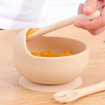 Food Grade Silicone Child Dish Set Baby Feeding Bowl Suction Plate Straw Cup Wooden Spoon Fork for Kids Tableware Toddler Dishes
