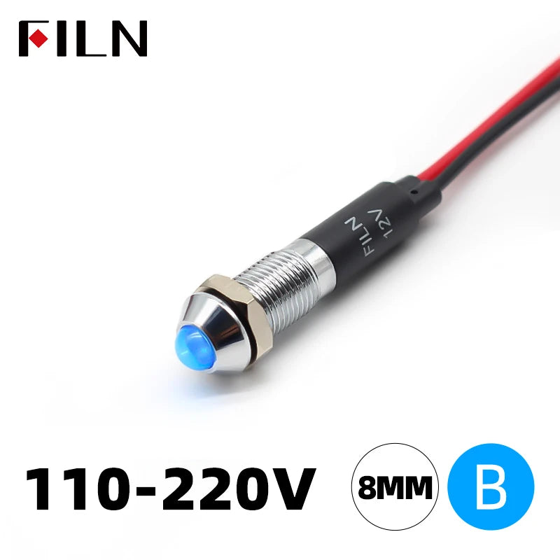 FILN 8mm LED Light Panel Mounted Raised Head LED Light Panel Black Metal Shell Mini 12V 24V 110V 220V With 20cm Cable