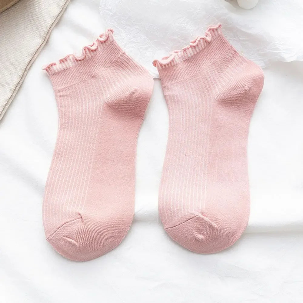 Cotton Women's Socks Frilly Ruffle Socks Spring Summer Casual Ankle Short Boat Socks Loose Knit Solid Color Mid-Calf Socks