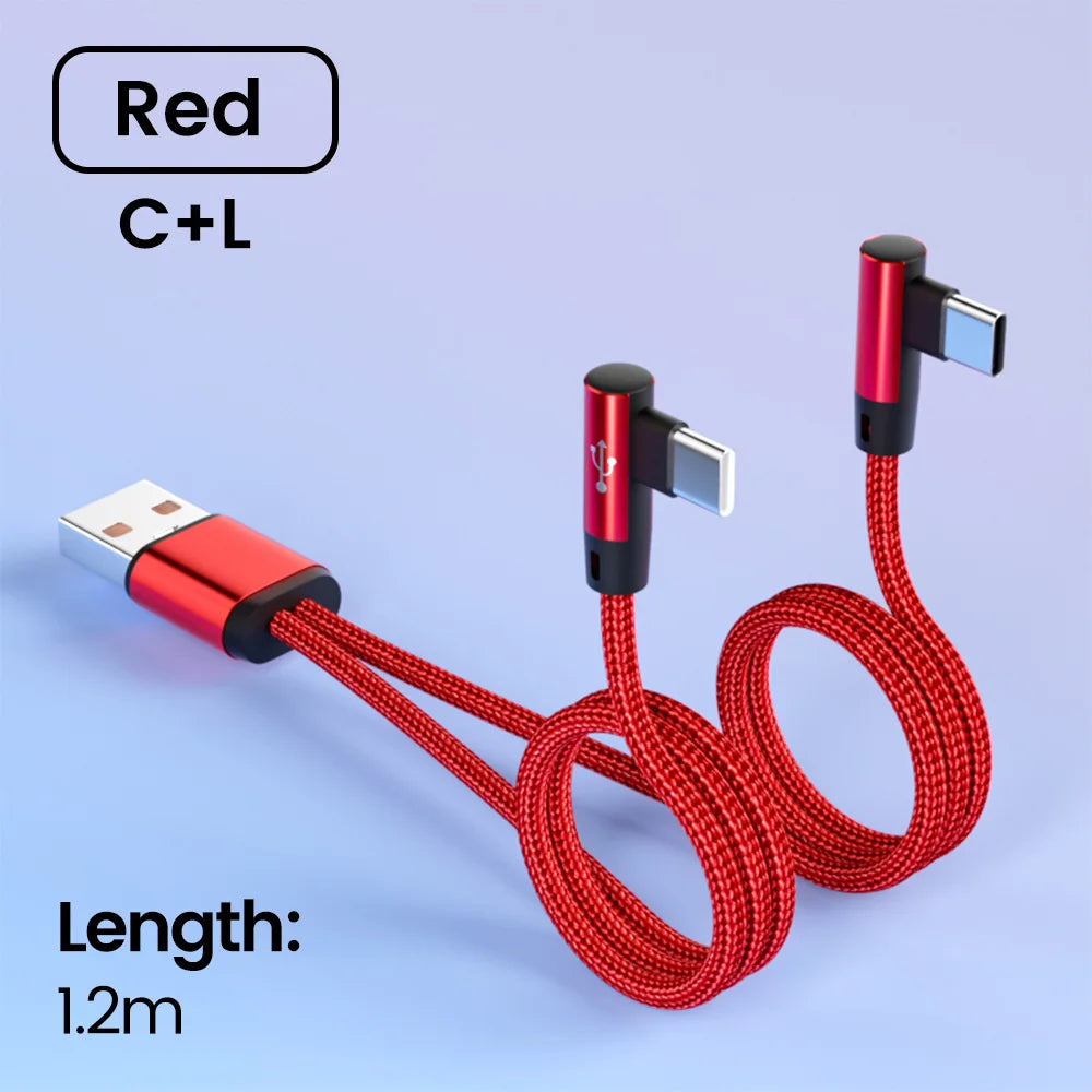 2 In 1 USB Cable To Type C Elbow 90 Degree USB C Cable 66W Fast Charging Data Micro USB Phone Cable For iPhone Android Gaming