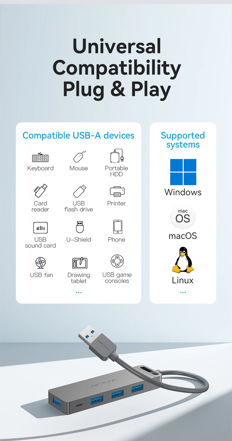 USB Hub, High Speed 4 Ports, Multi USB 3.0 to USB 3.0 Hub Splitter Adapter for MacBook Pro iPad Pro Xiaomi Lenovo USB Hub, VENTION